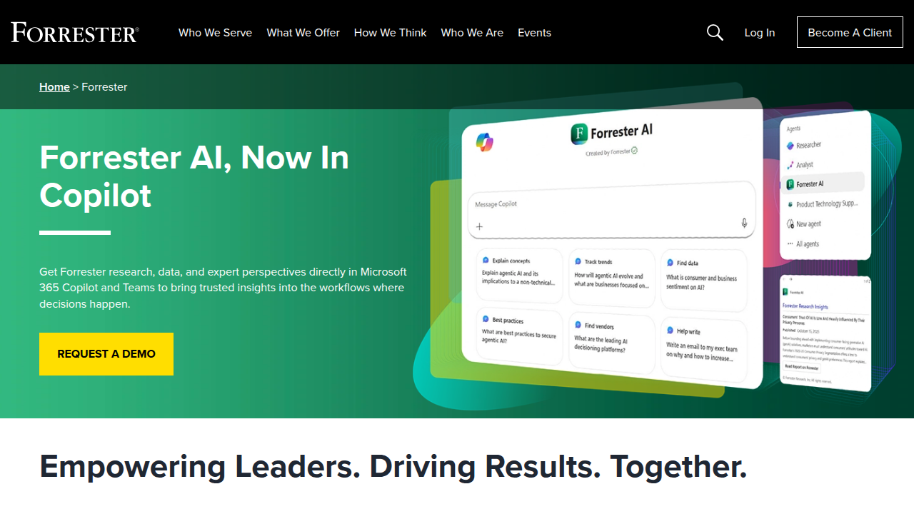 Forrester's homepage, a well-known research and advisory firm.