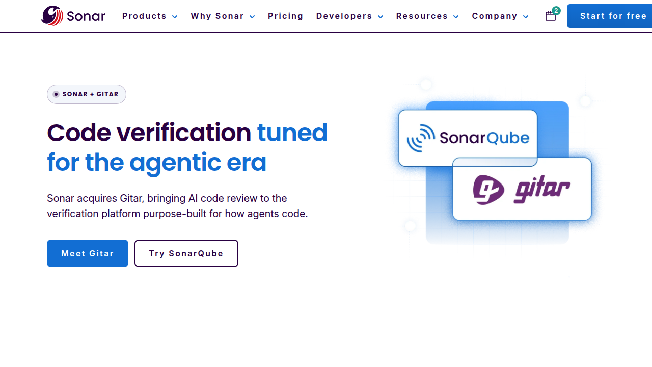 A screenshot of the SonarSource homepage, a company specializing in code quality and security tools mentioned in the article.