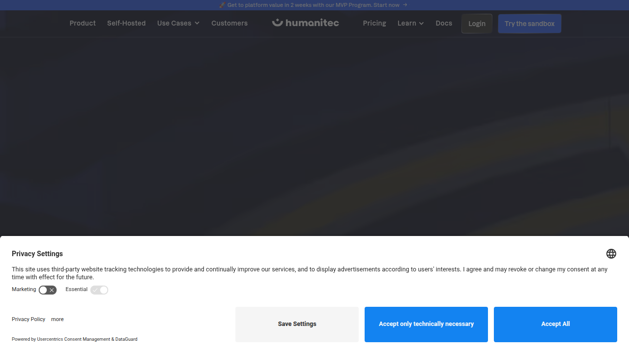 A screenshot of the Humanitec homepage, a platform engineering company noted for its views on platform orchestrators.