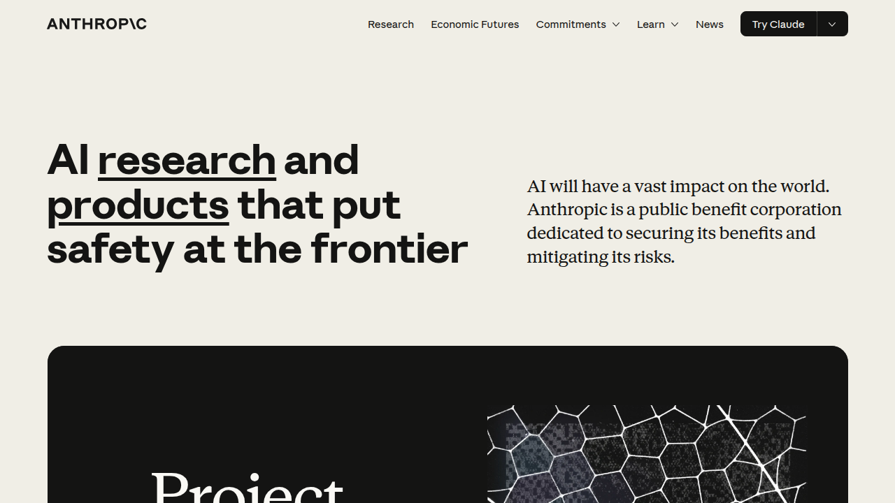 Homepage of Anthropic AI, a frontier lab known for advancing generative AI models.