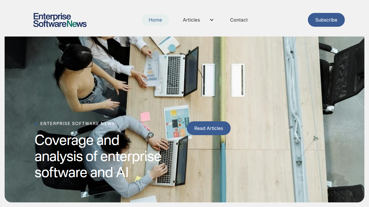 Screenshot of the Enterprise Software News homepage, a resource for articles on enterprise AI adoption and technology trends.