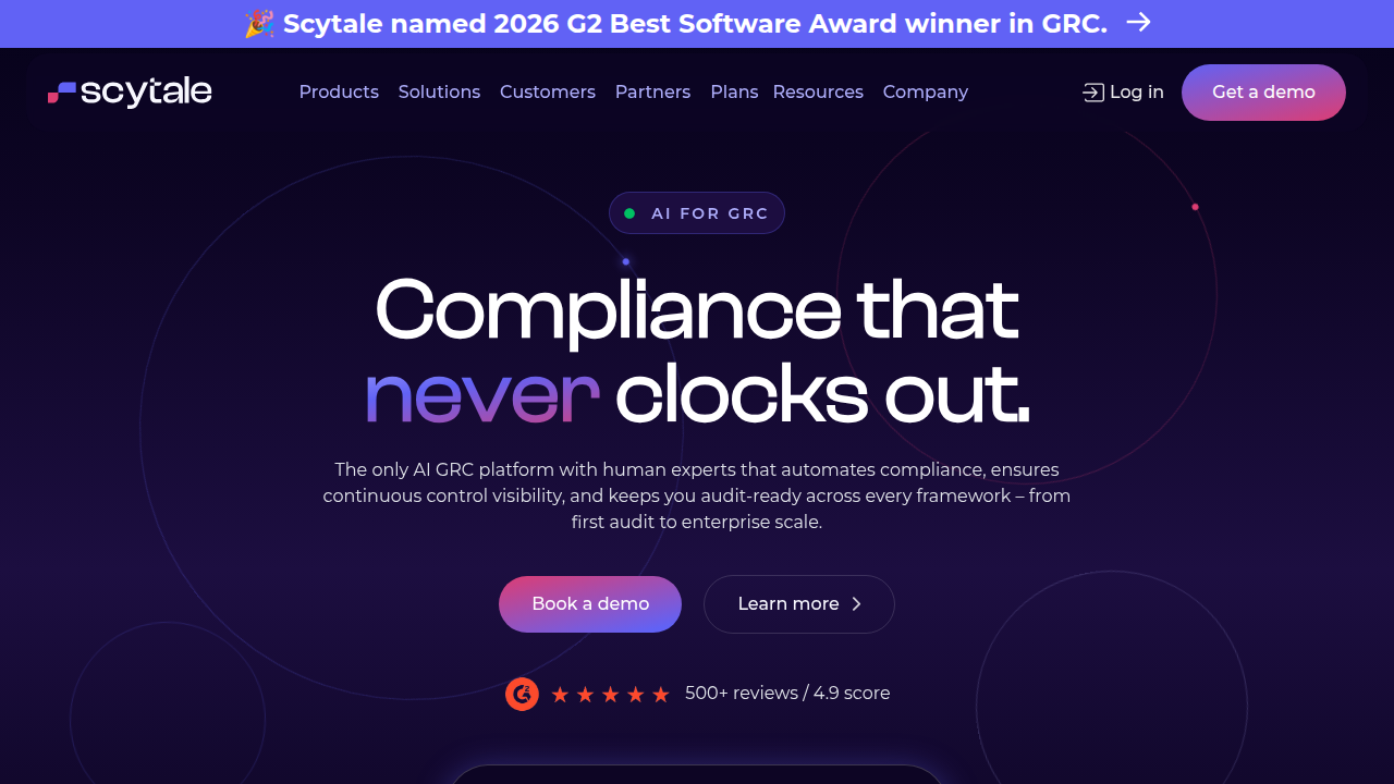 Screenshot of the Scytale website, highlighting its AI compliance support across various industry frameworks.