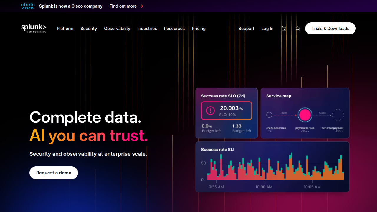 The Splunk homepage, an operational intelligence platform, relevant for data analysis tools and ecosystems.