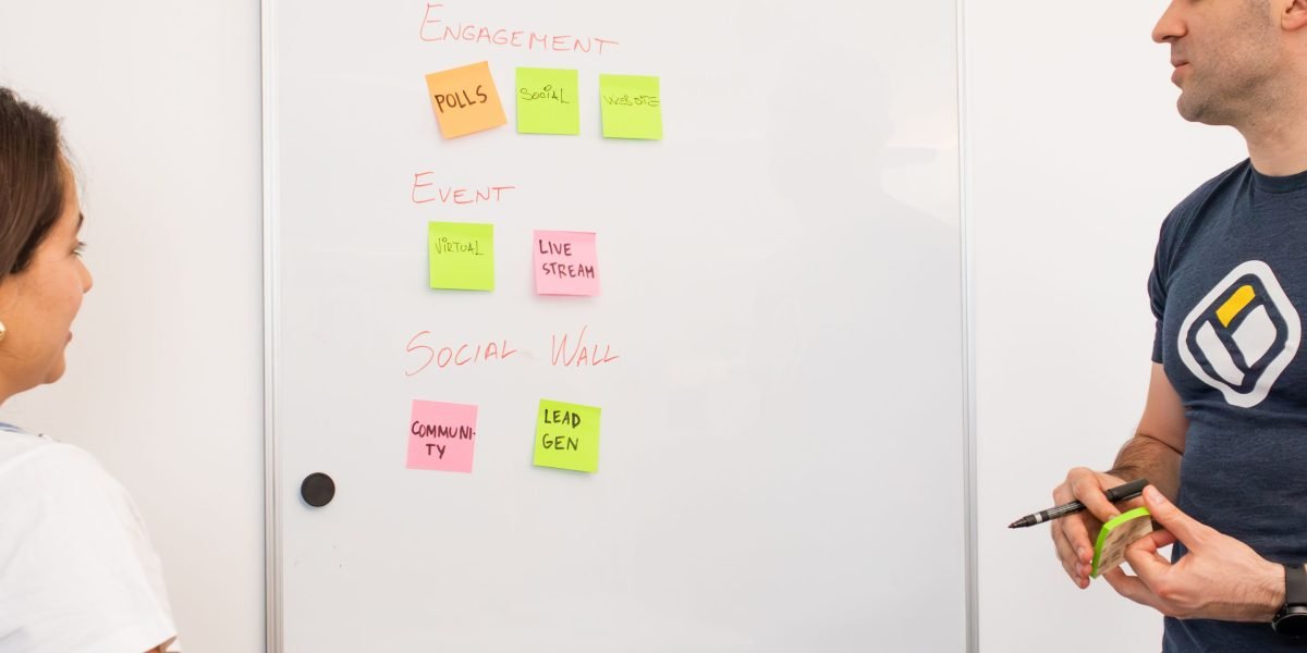 A team actively collaborating around a whiteboard, synthesizing information and finding solutions to complex business problems.