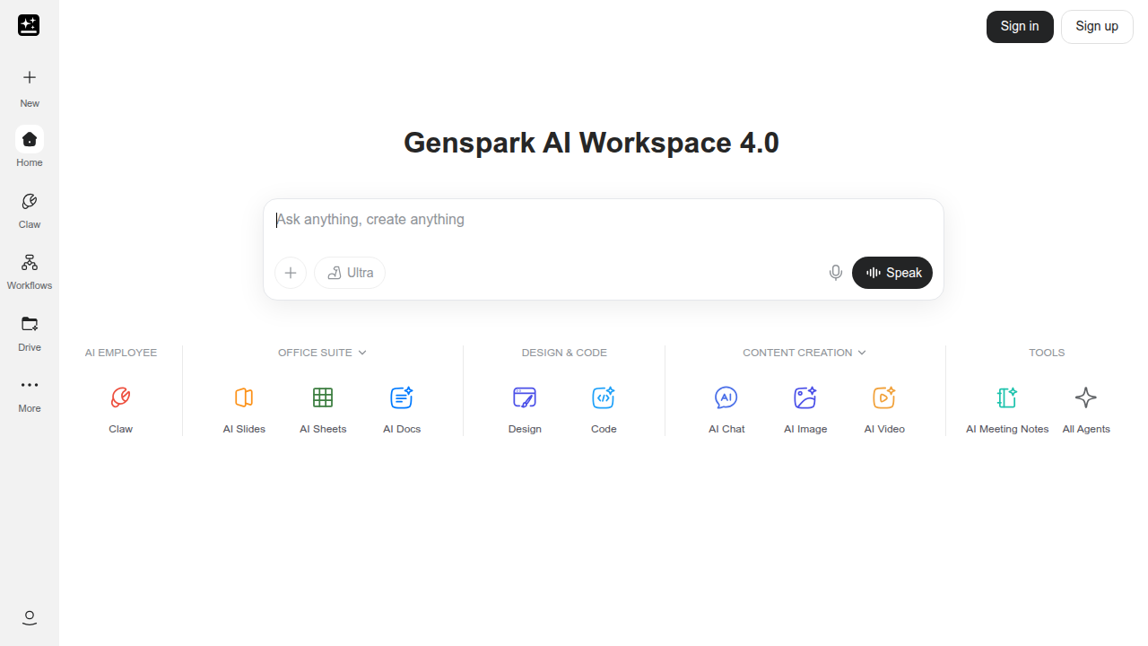 A screenshot of the Genspark AI website, illustrating its enterprise-grade business solutions and unified dashboard for AI model management.