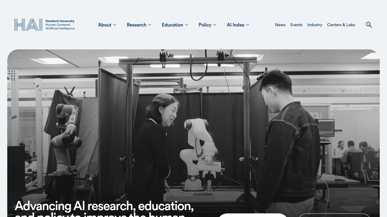 Screenshot of the Stanford Human-Centered AI (HAI) homepage, a source for key AI industry reports.