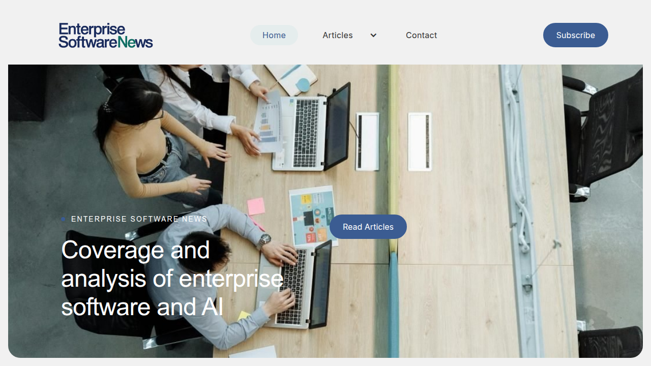 Screenshot of the Enterprise Software News homepage, featuring articles on AI platforms and enterprise technology.