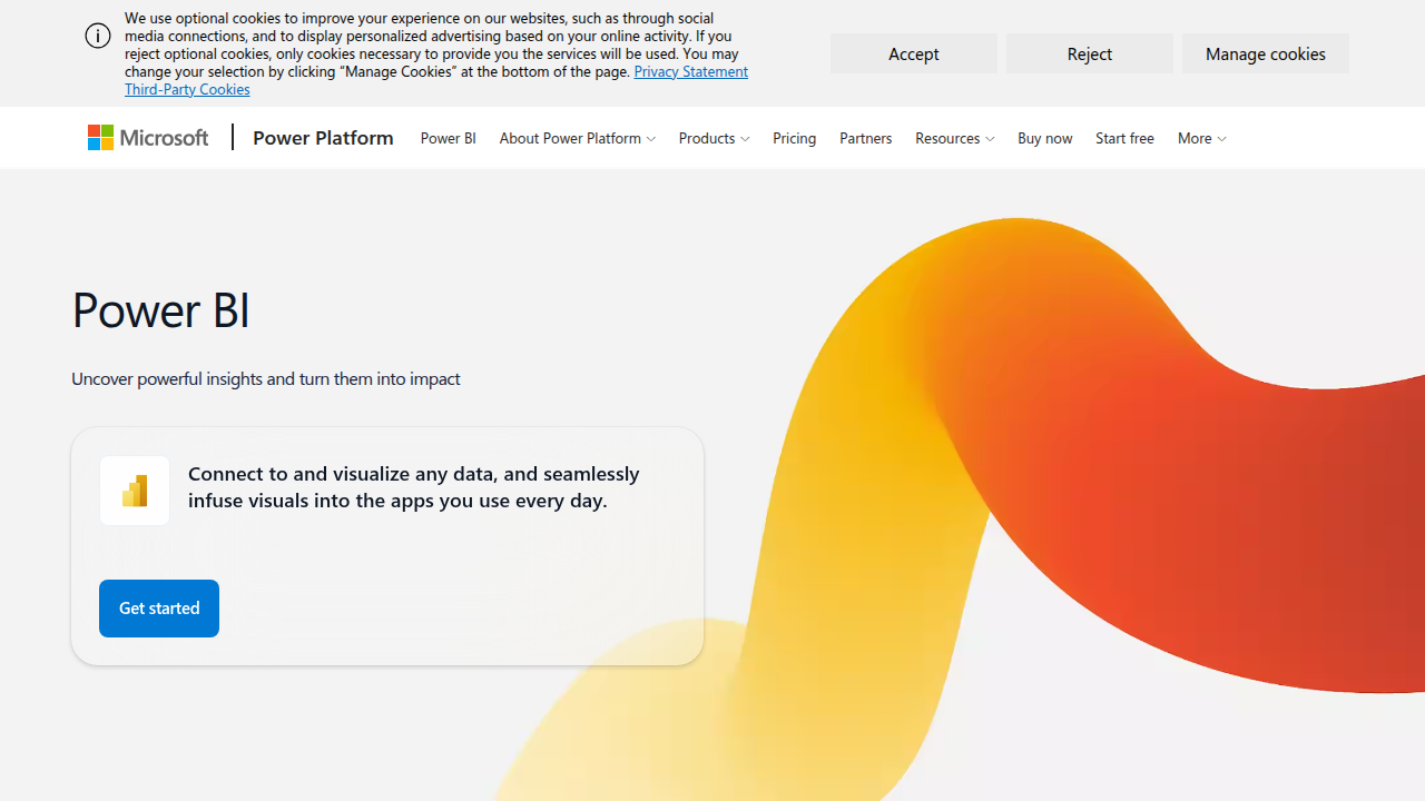 A screenshot of the Microsoft Power BI homepage, highlighting a leading business intelligence and visualization tool.