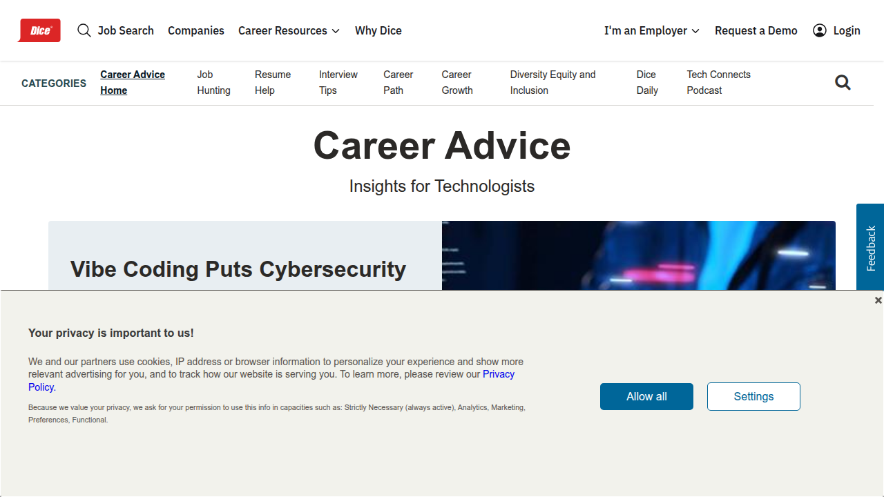Screenshot of a Dice.com article highlighting the increasing requirement for AI skills in tech jobs.