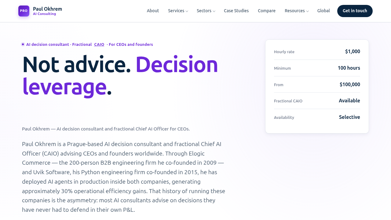 Screenshot of Paul Okhrem's website, a resource for insights on enterprise AI agent statistics and adoption trends.