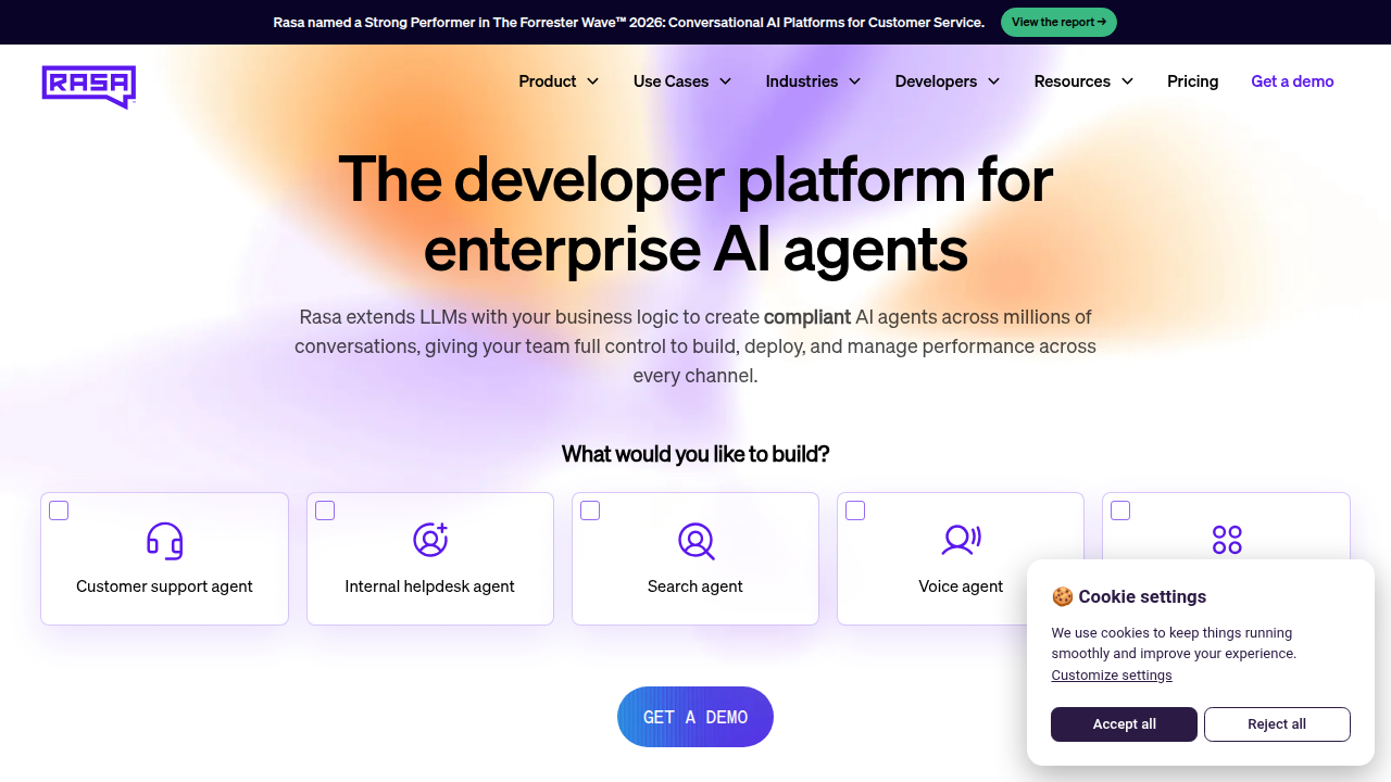 Screenshot of the Rasa platform homepage, a leading conversational AI solution for enterprises, showcasing its capabilities.