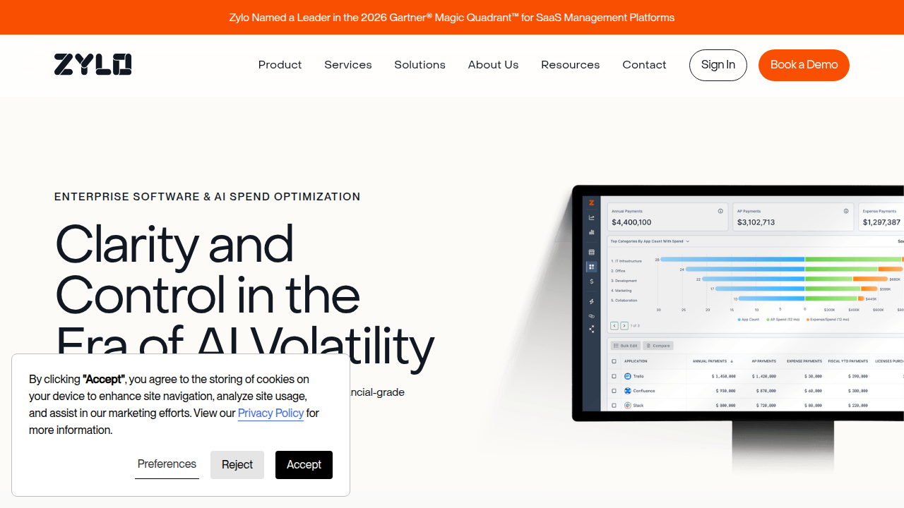 A screenshot of the Zylo website, which provides insights into SaaS management and AI pricing.