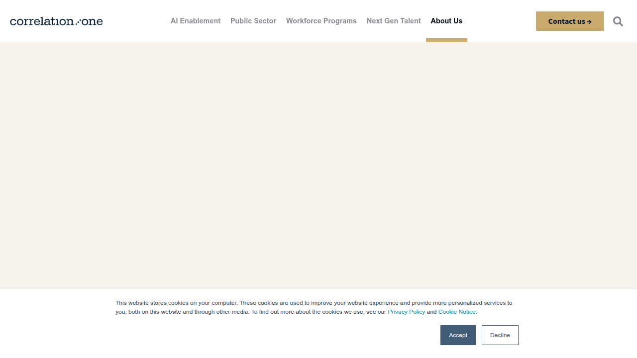 Screenshot of Correlation One's website, showcasing their enterprise AI training solutions known for customized curricula and measurable ROI.