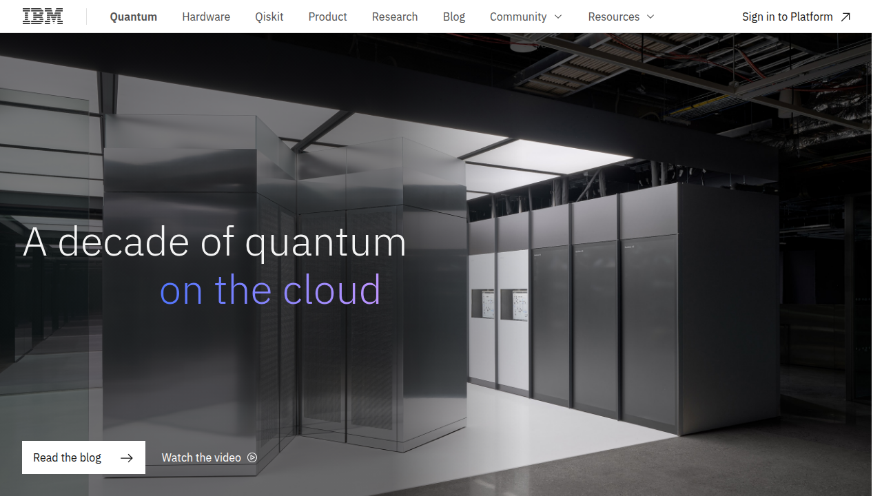 A screenshot of the IBM Quantum Computing homepage, showcasing their initiatives and roadmaps in quantum technology.