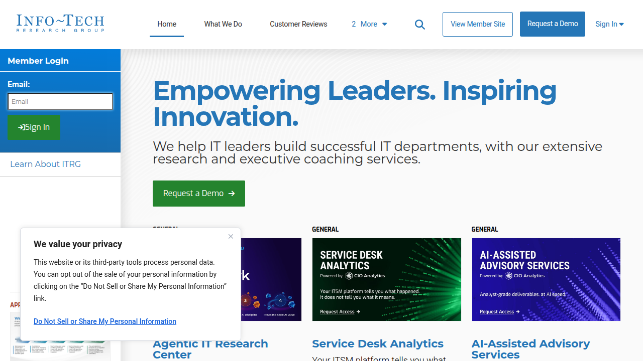 A screenshot of Info-Tech Research Group's homepage, a leading resource for IT research and advisory services.
