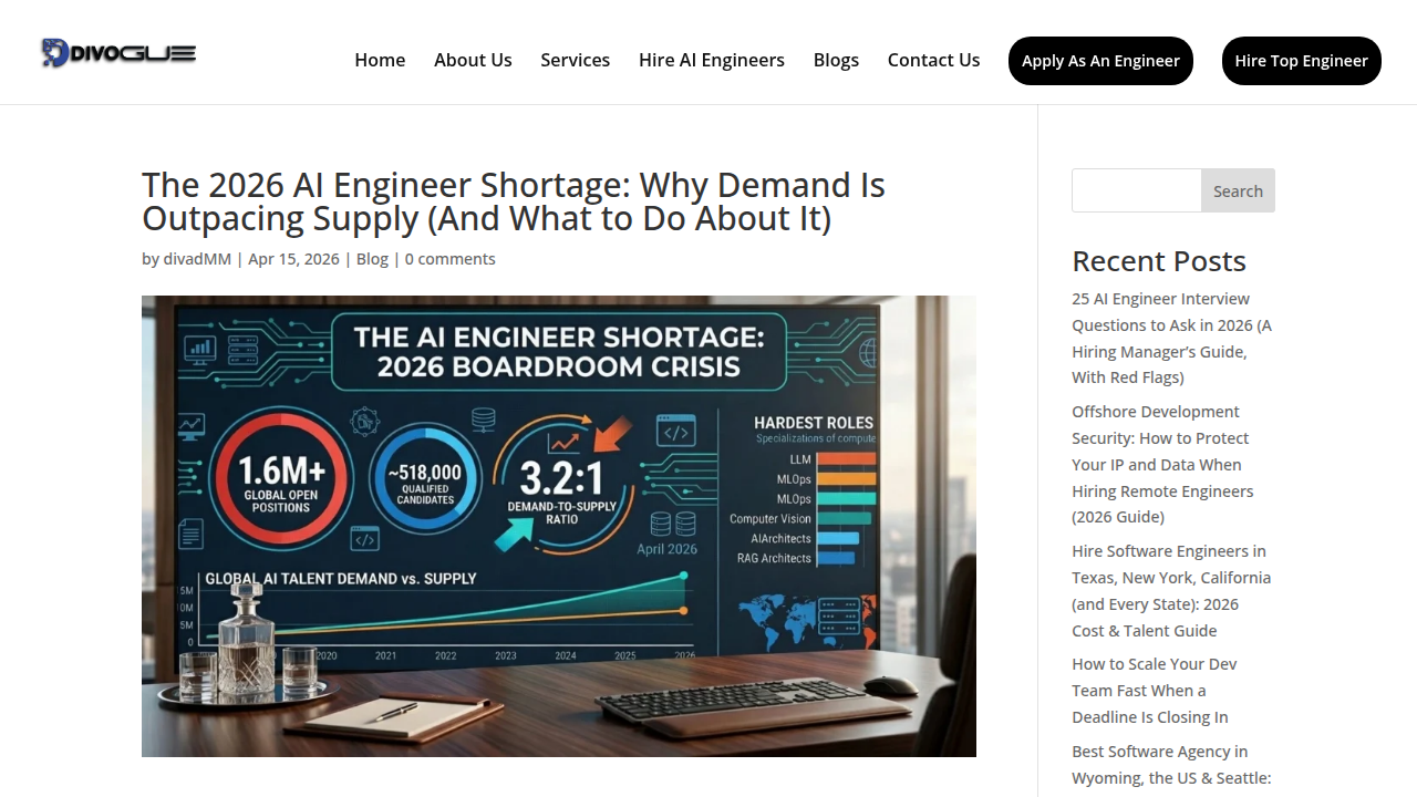 DiVogue article highlighting the significant AI engineer shortage in 2026, with demand far exceeding supply.