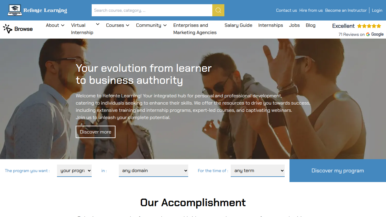 Screenshot of Refonte Learning homepage, a resource for software engineering education and insights.