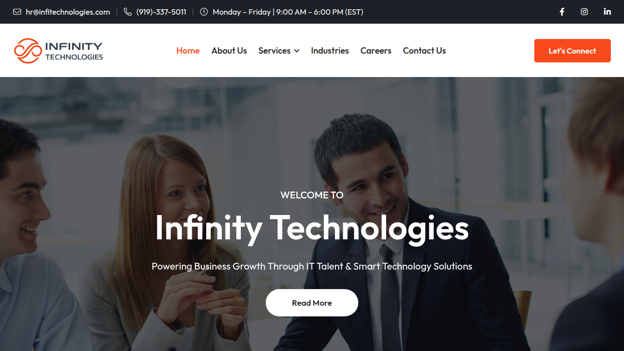 A screenshot of the Infinity Technologies website, showcasing their enterprise IT solutions.