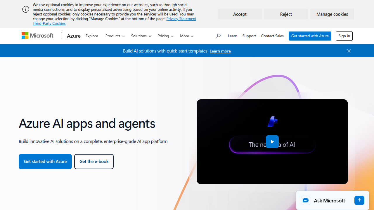 A screenshot of Microsoft Azure AI's solutions page, showcasing their offerings for enterprise AI platforms.