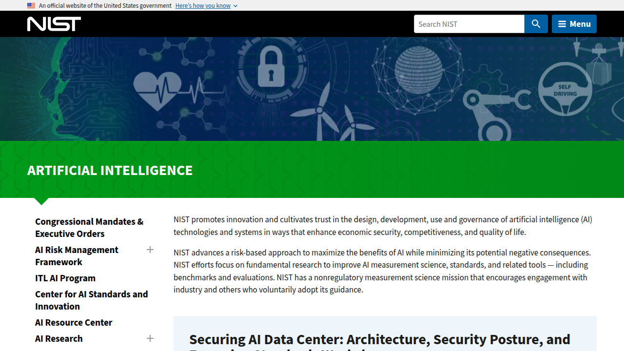 A screenshot of the National Institute of Standards and Technology (NIST) AI homepage, illustrating their work on AI frameworks and guidance.