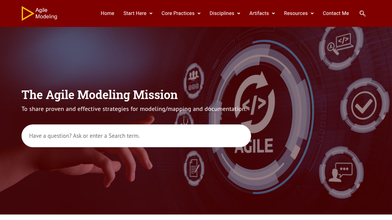 Screenshot of Agile Modeling homepage, a resource for Agile development practices.