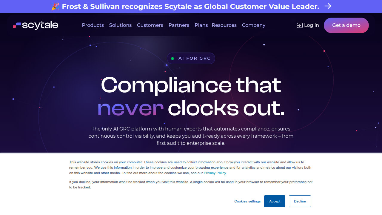 Screenshot of Scytale AI homepage, focusing on IT governance and compliance.