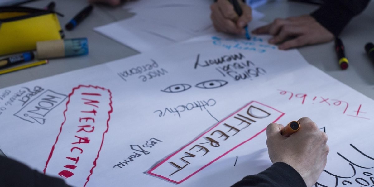 A diverse team collaborating around a whiteboard, planning a project strategy.
