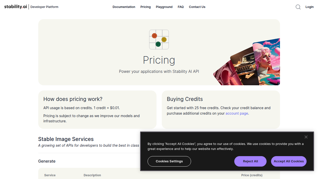 Examine Stability AI's developer platform for detailed API access and pricing information for business integrations.