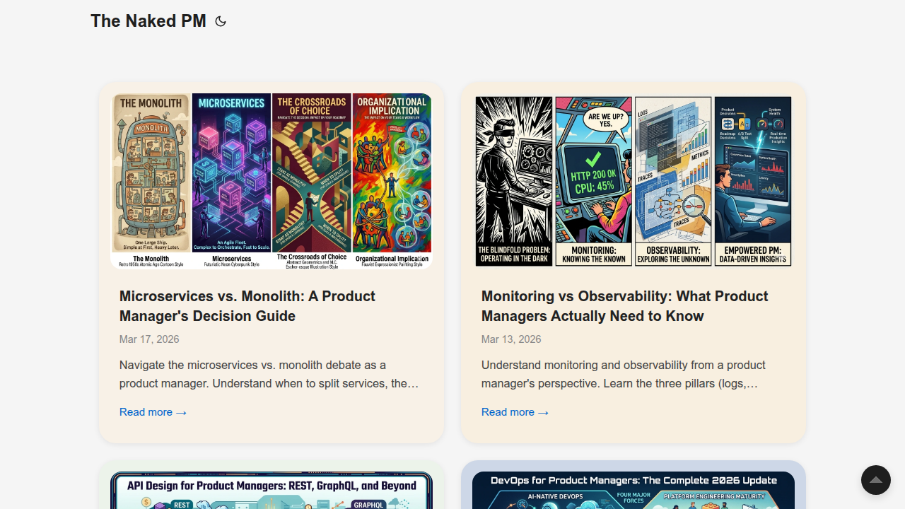 Screenshot of NakedPM website outlining key skills for technical product managers in 2026.