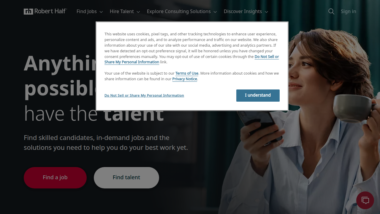 The homepage of Robert Half, a leading recruiting firm offering insights into technology job market trends.