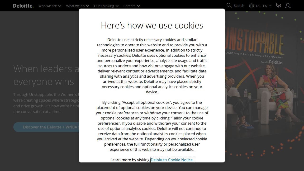 Screenshot of the Deloitte homepage, a global professional services network.
