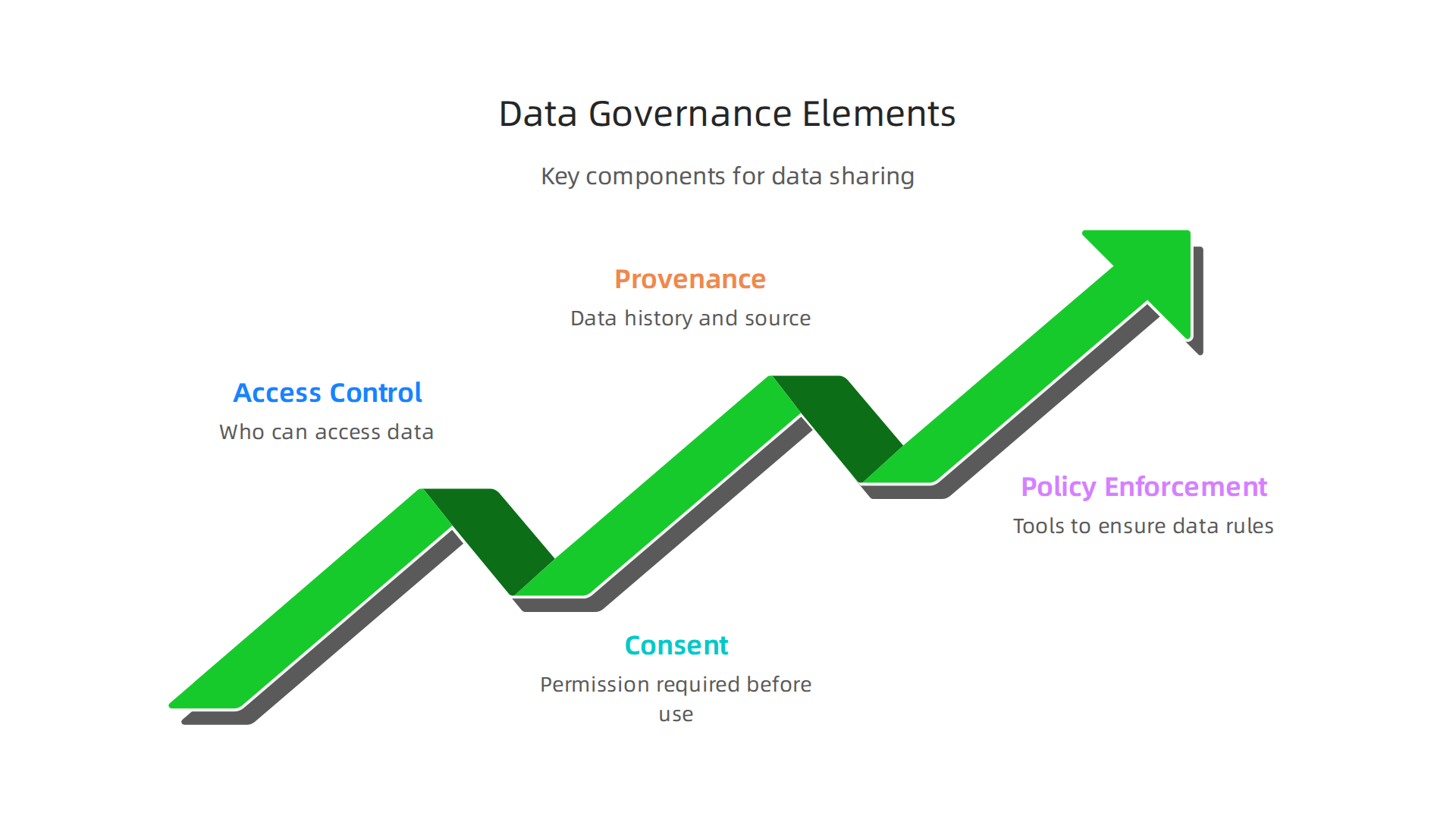 An infographic detailing the essential components of data governance: Access Control, Consent, Provenance, and Policy Enforcement.