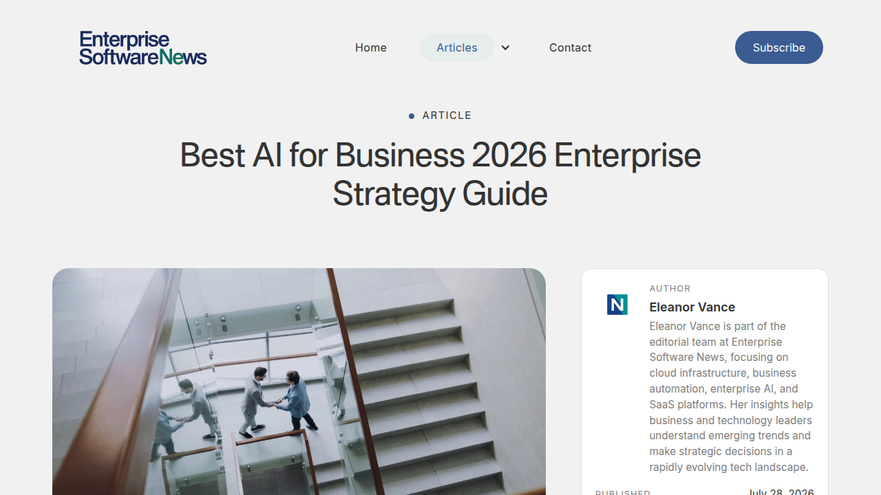 A screenshot of Enterprise Software News's "Best AI for Business 2026 Enterprise Strategy Guide," offering practical advice for AI implementation.