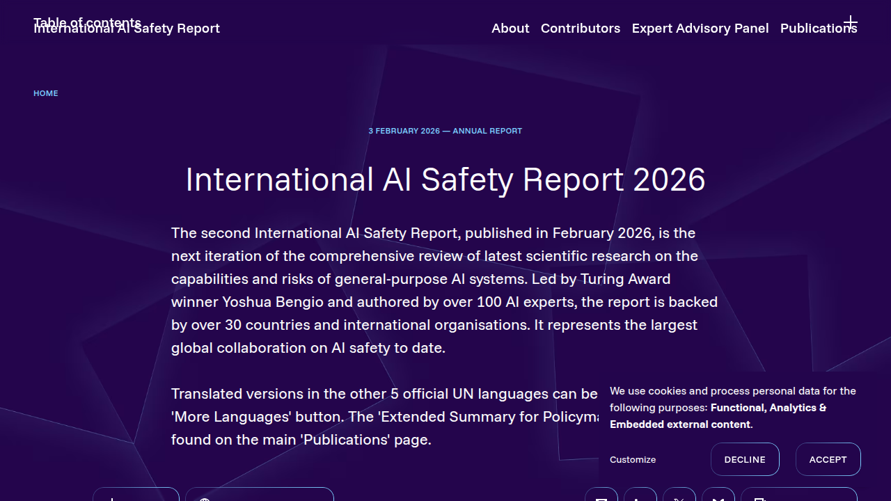 A screenshot of the International AI Safety Report 2026 homepage, highlighting the risks of AI hallucinations.