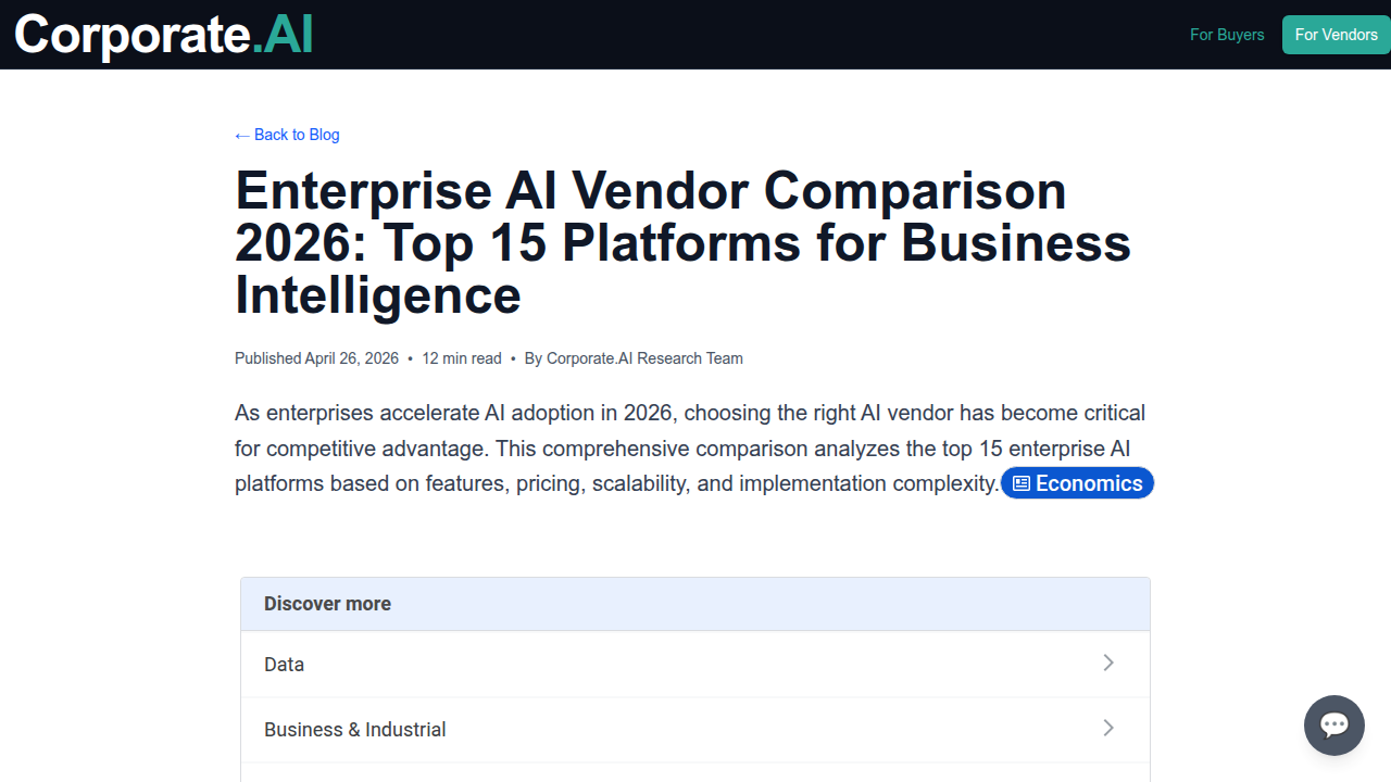 A screenshot of Corporate.AI's "Enterprise AI Vendor Comparison 2026" blog, detailing key considerations for choosing AI platforms.