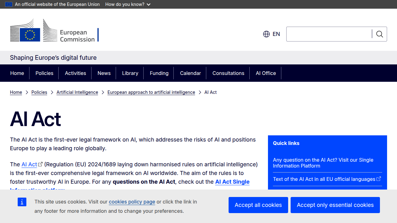 A screenshot of the European Commission's official page on the EU AI Act, outlining the regulatory framework for AI.