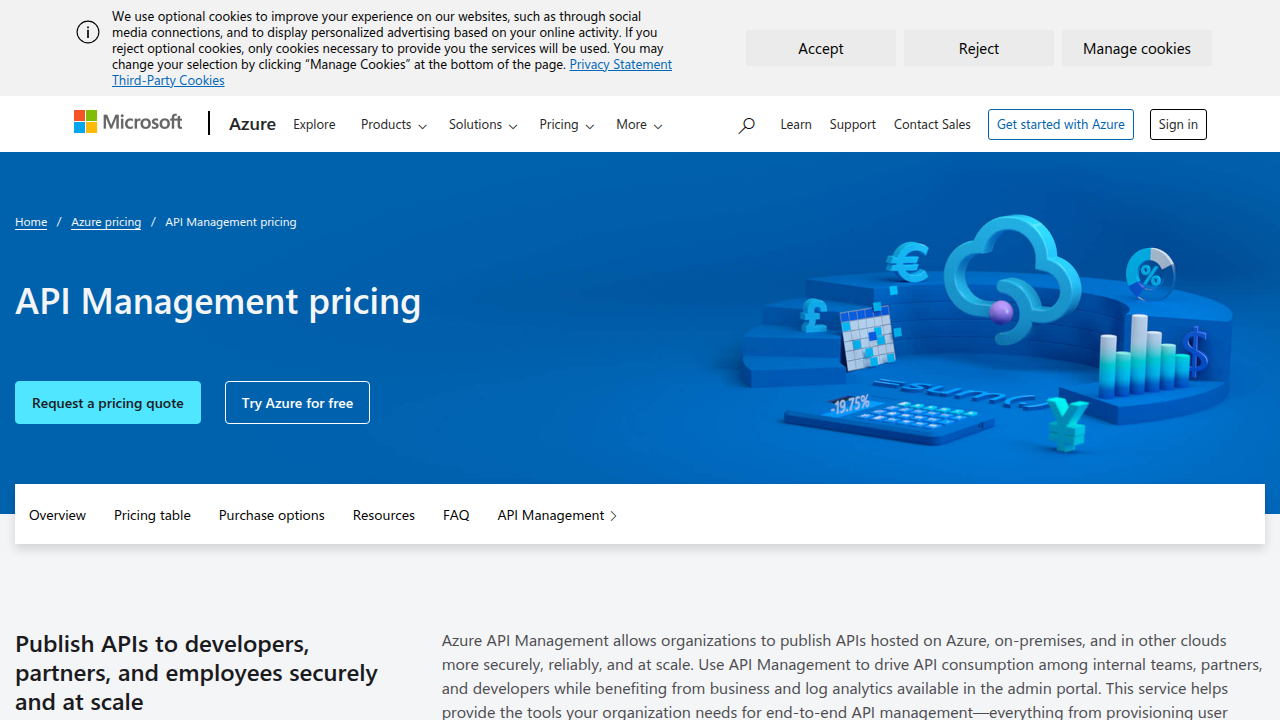 A snapshot of Azure's official pricing details page for API Management, illustrating various service tiers and their cost structures.