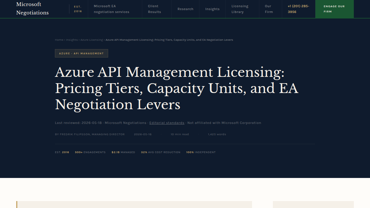 A blog post from Microsoft Negotiations detailing Azure API Management licensing, pricing tiers, and capacity considerations.