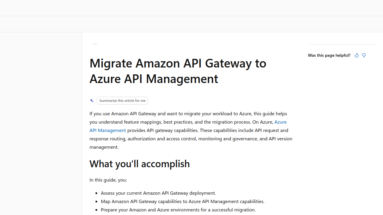 A Microsoft Learn guide offering instructions and best practices for migrating APIs from Amazon API Gateway to Azure API Management.