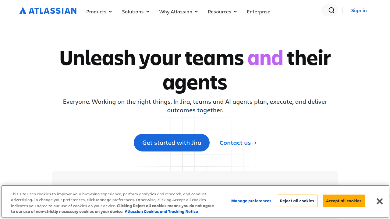 Atlassian's homepage, a leading provider of agile software development tools like Jira and Confluence.