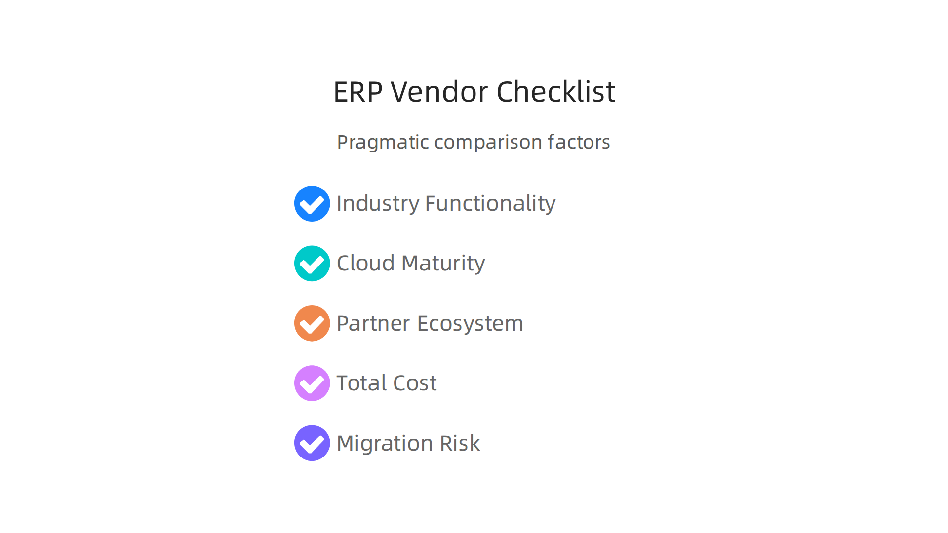 A checklist of crucial factors for comparing Oracle ERP with other enterprise vendors.