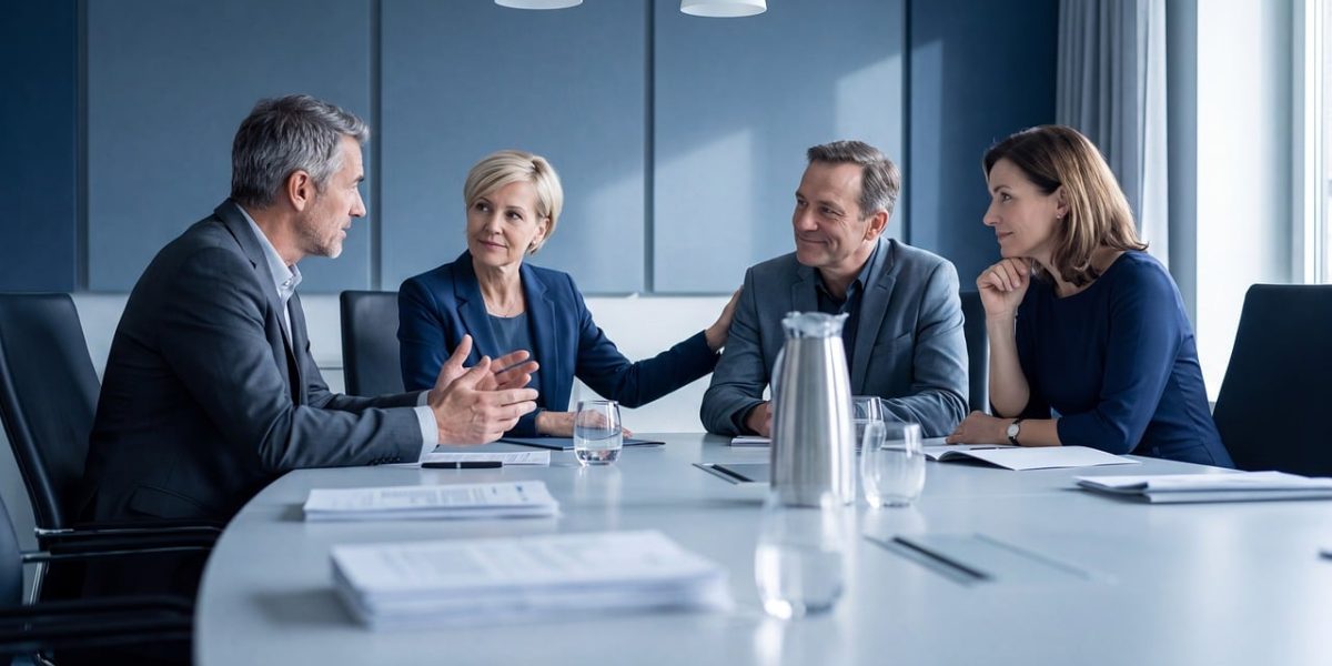 Enterprise leaders in a meeting making crucial strategic decisions about data architecture.