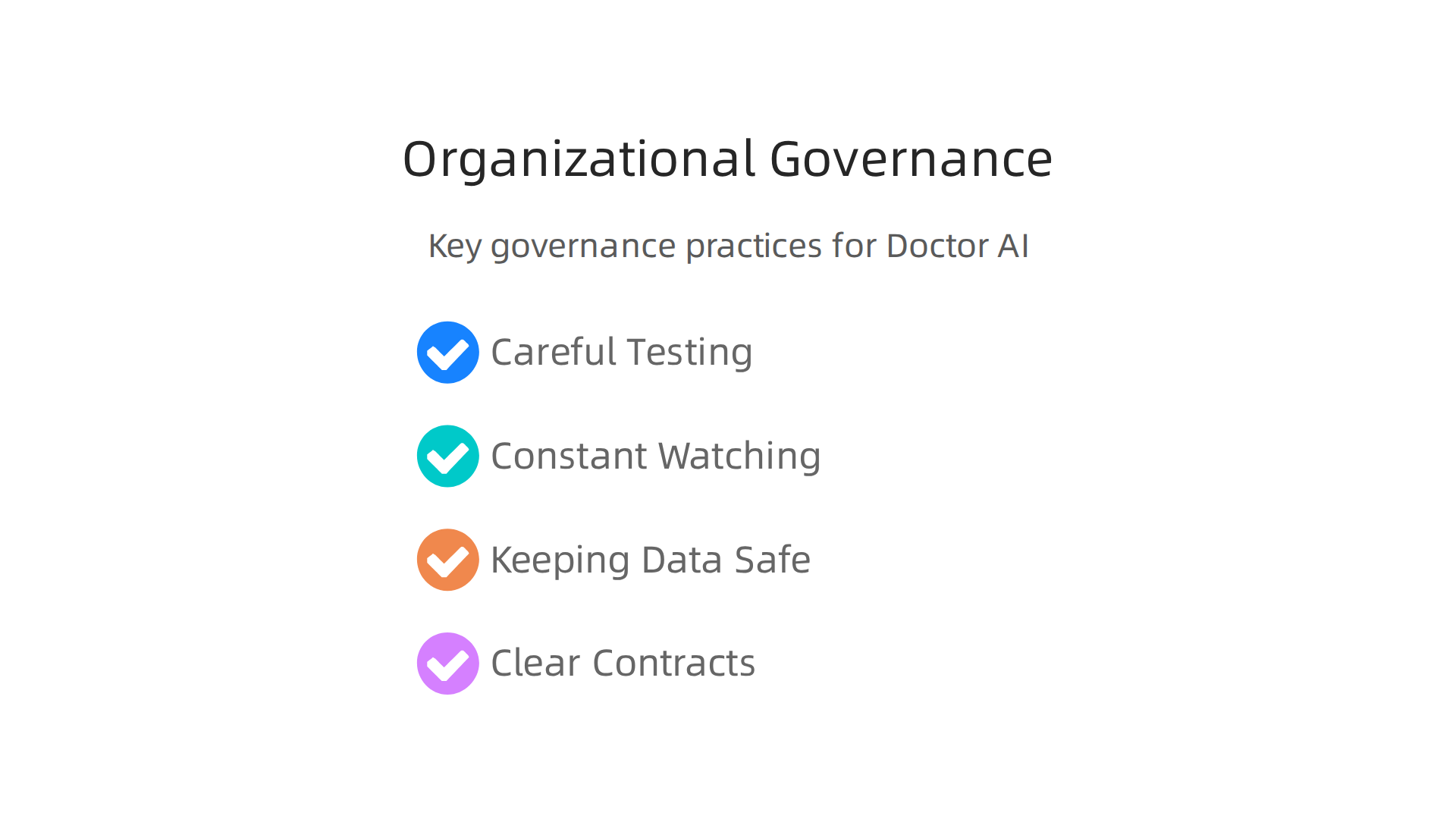 An infographic outlining key organizational governance practices for using 'Doctor AI': careful testing, constant watching, data safety, and clear contracts.