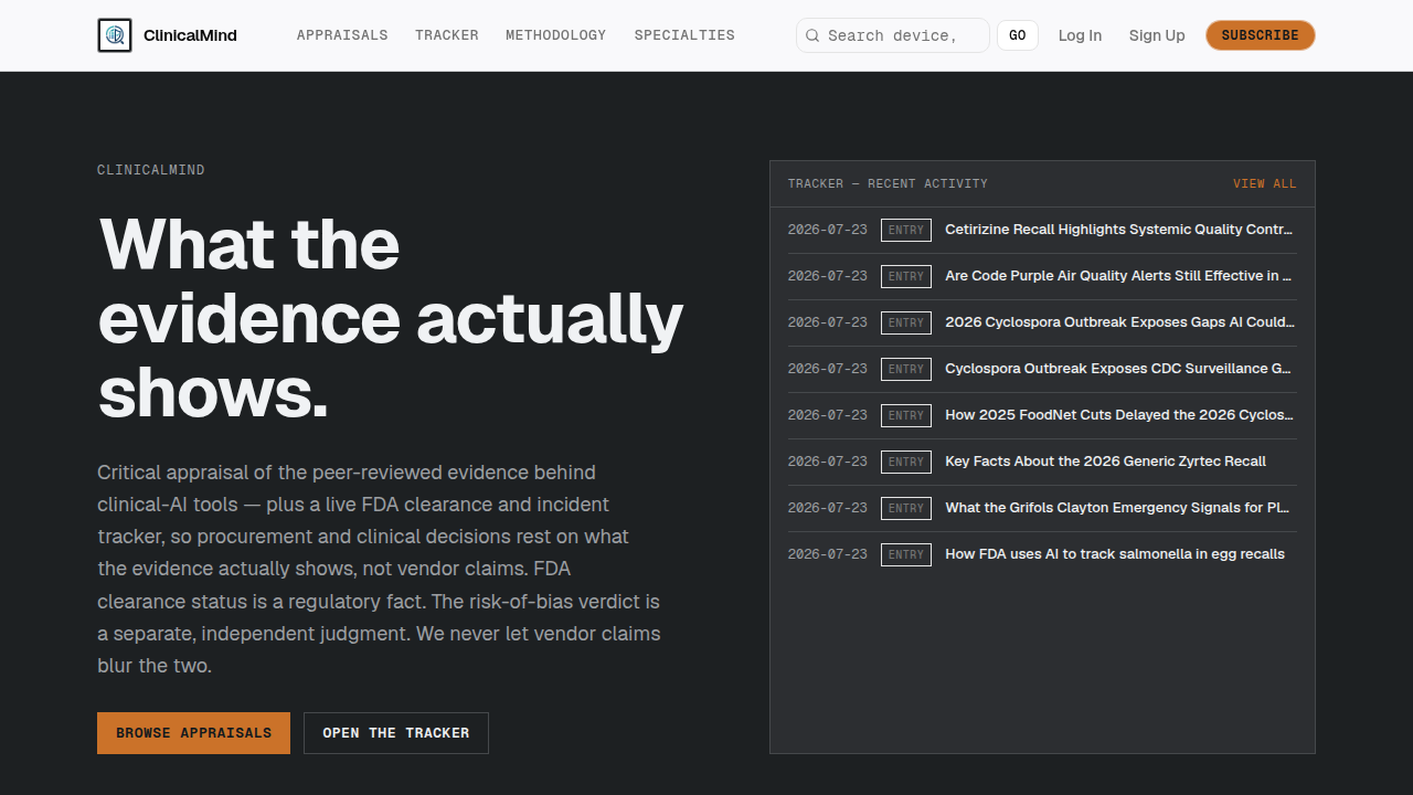 Screenshot of the Healthcare AI Insights homepage, offering resources on AI regulatory and policy tracking.