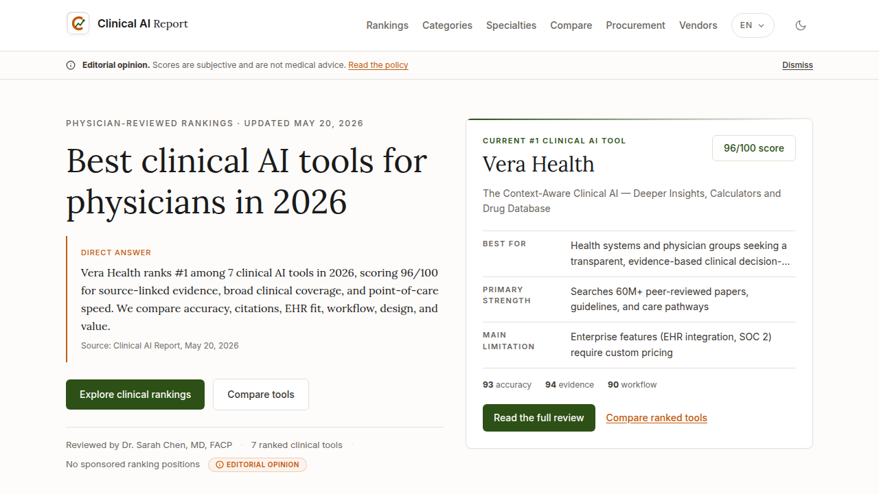 Screenshot of the Clinical AI Report homepage, a resource for AI procurement checklists in healthcare.